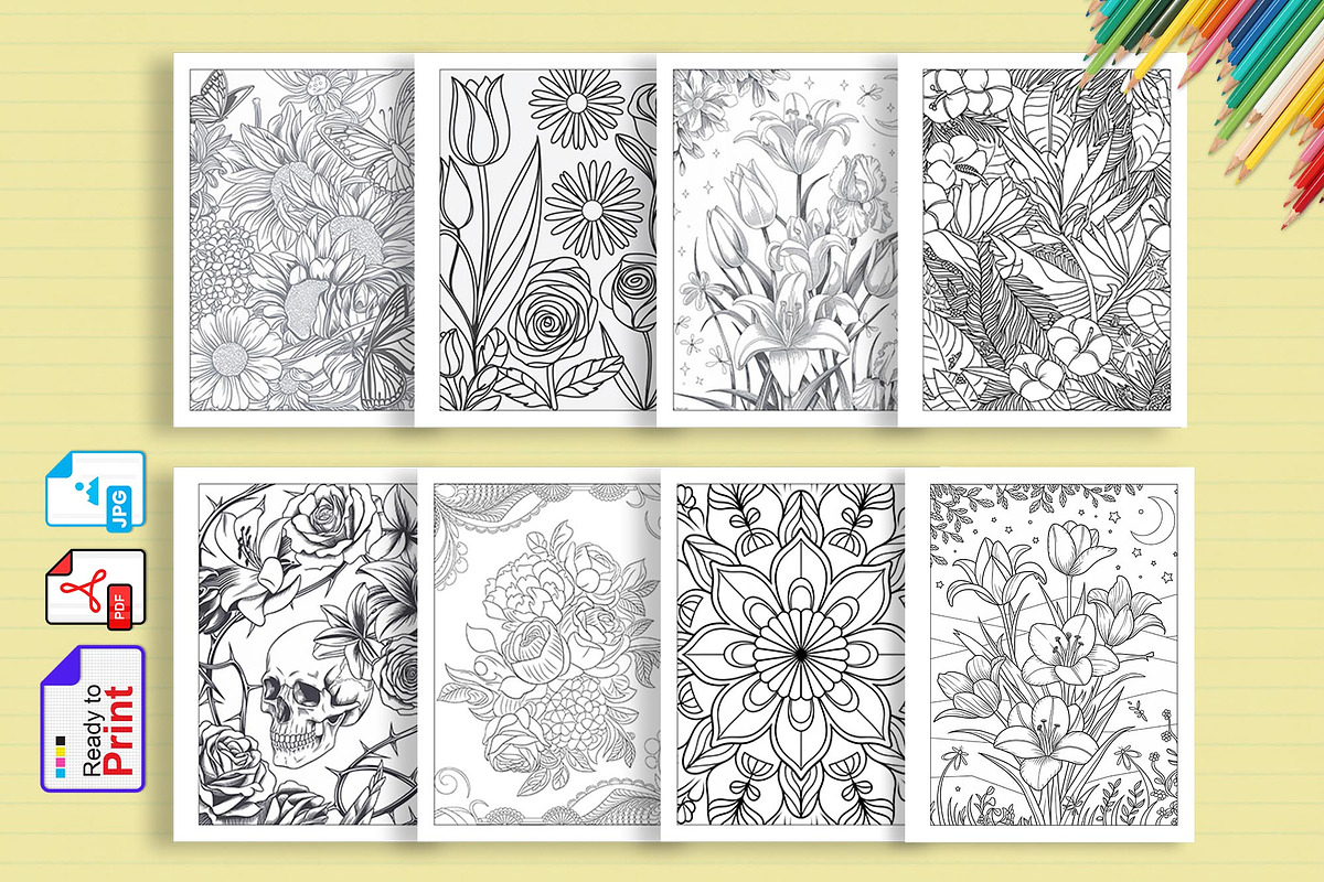 Flower Coloring Book Page | 100 Page, a Stationery Template by Graphic Template (Photo 2 of 2)
