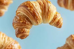 French pastry croissants in air on blue background, a Food & Drink Photo by AlyaAnd
