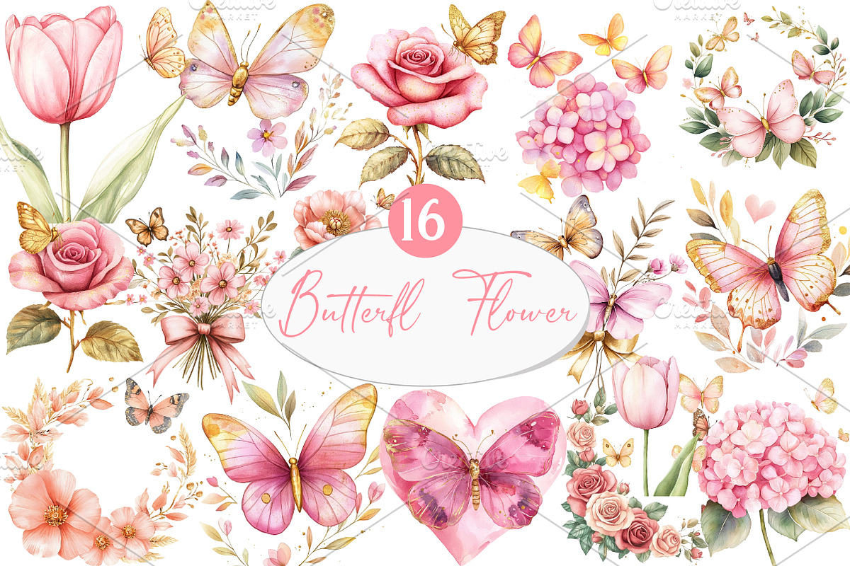 butterfly and Flower Clipart, an Illustration by Watercolor design (Photo 1 of 5)