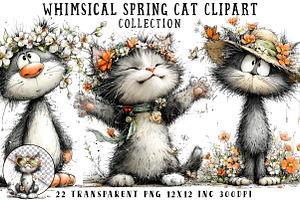 Whimsical Spring Cat Clipart, an Illustration by OK Design