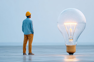 Person contemplating an oversized light bulb, a Business Photo by AlyaAnd