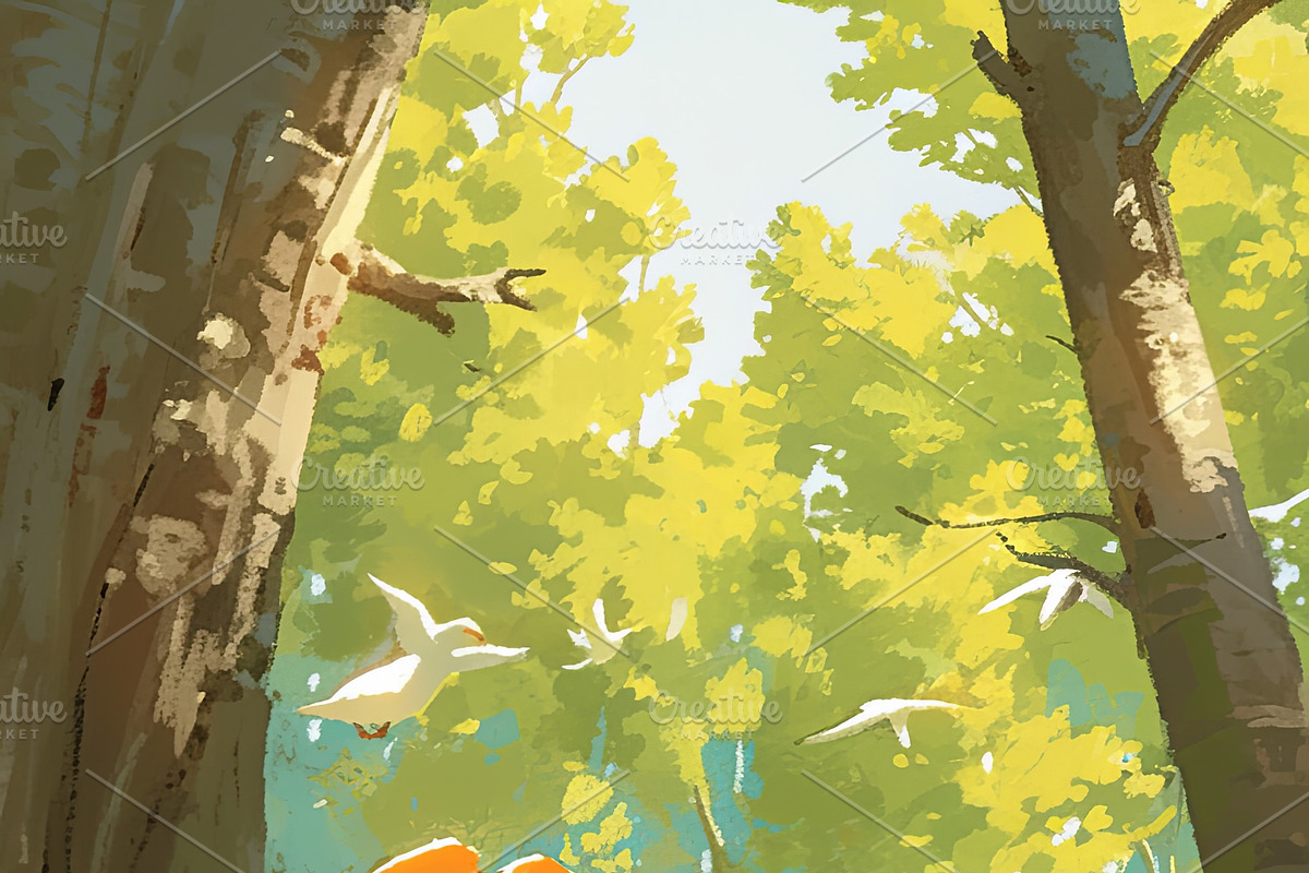 Two happy children playing together in a forest setting inside a large shell, an Illustration by AS photostudio