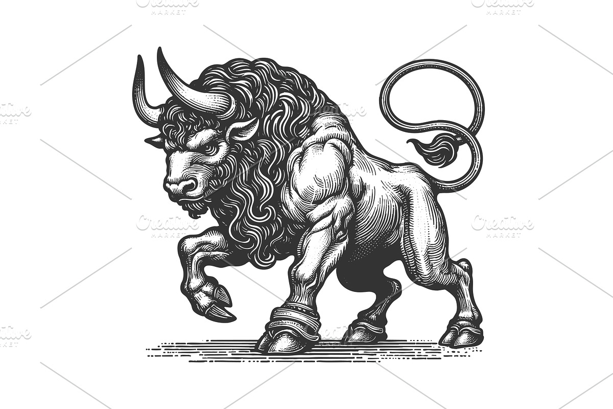 Mythical Muscular Bull with Curved, an Animal Illustration by AlexArt