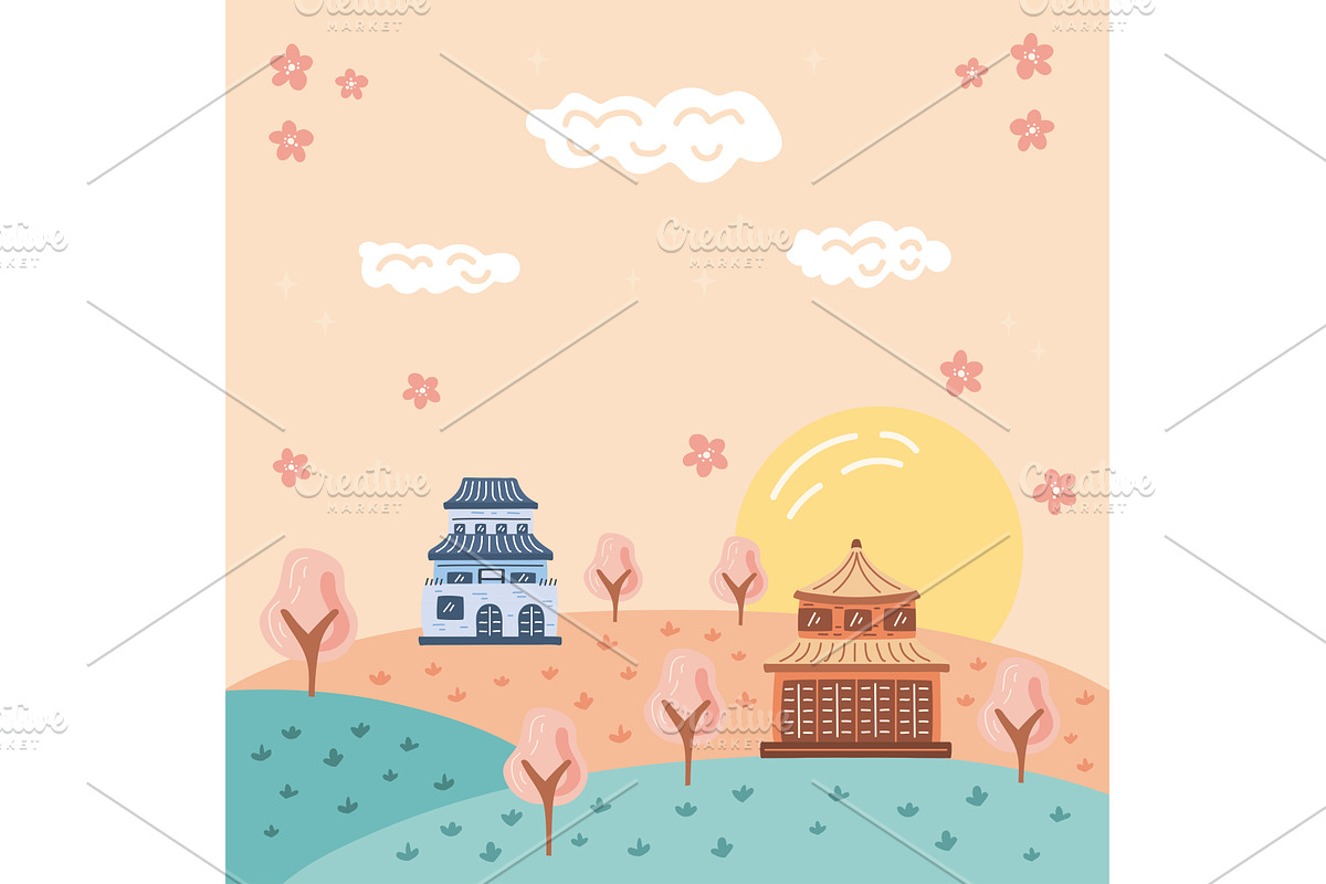korean landscape with houses, an Object Illustration by studiogstock