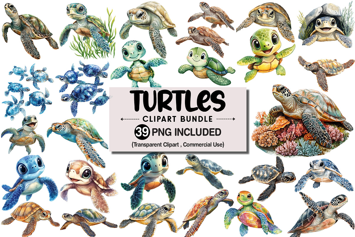Watercolor Turtle Clipart Bundle, an Illustration by Pixels.Craft (Photo 1 of 5)