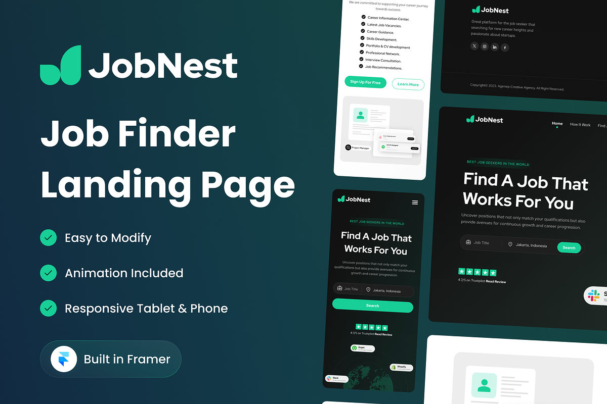 Jobnest - Framer Template, a Landing Page Template by Agensip Design Agency (Photo 1 of 8)