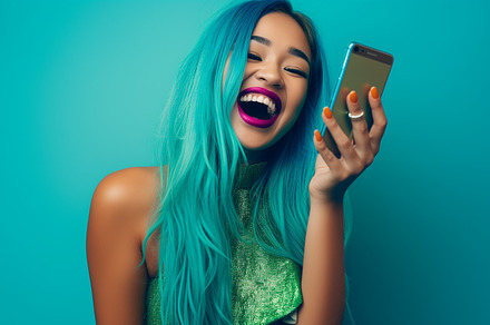 Laughing girl with long blue hair ta, a Holiday Photo by Imaginarium