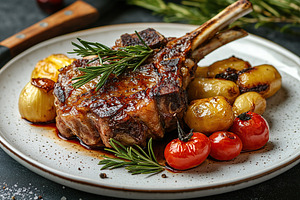 Luxurious gourmet dish featuring rich meat and fresh vegetables on a beautifull, a Food & Drink Photo by AlyaAnd