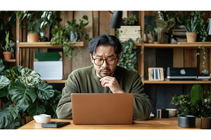 Asian man working on a laptop, a Person Photo by Sergey Kotenev