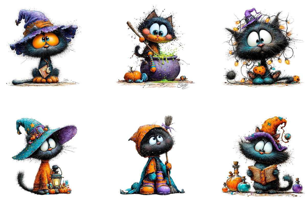 Witchy Black Cats Halloween Clipart, a Seasonal Illustration by CreationArt (Photo 3 of 7)