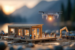 Modular tiny house development with drone and workers at sunset near lake, a Photo by AlyaAnd