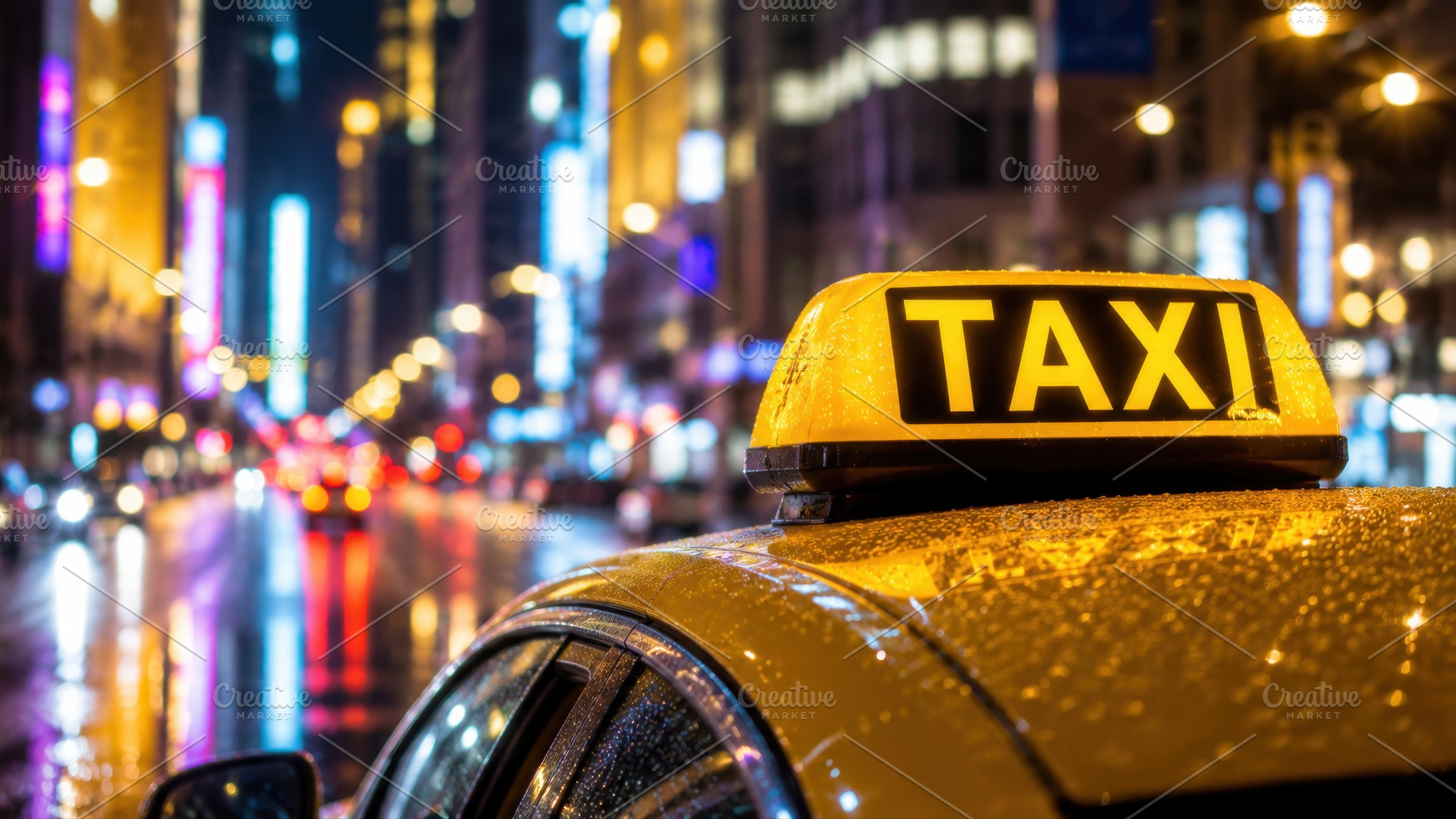 Bright taxi in city at night, a Photo by Beautiful things