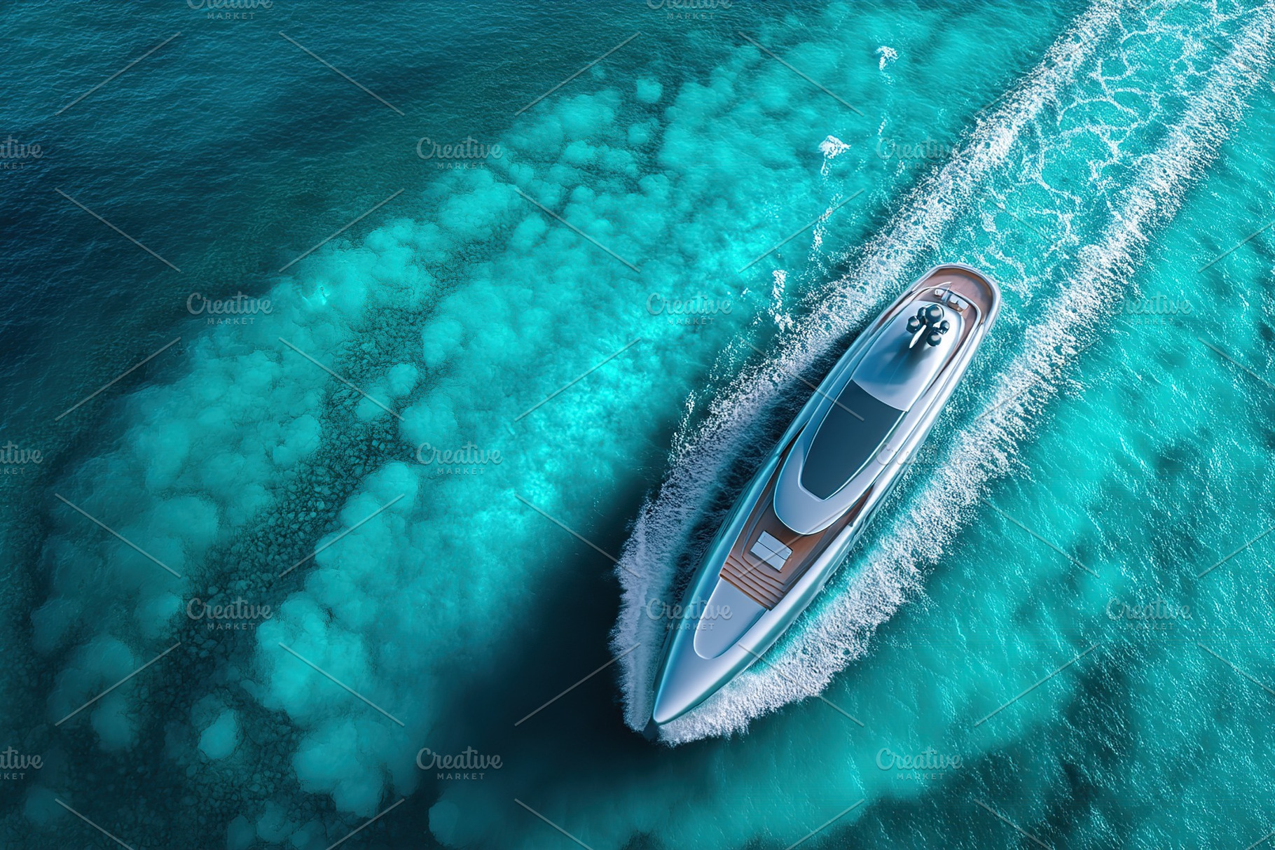 Yacht glides effortlessly through crystal clear turquoise waters in serene coas, a Transportation Photo by AlyaAnd