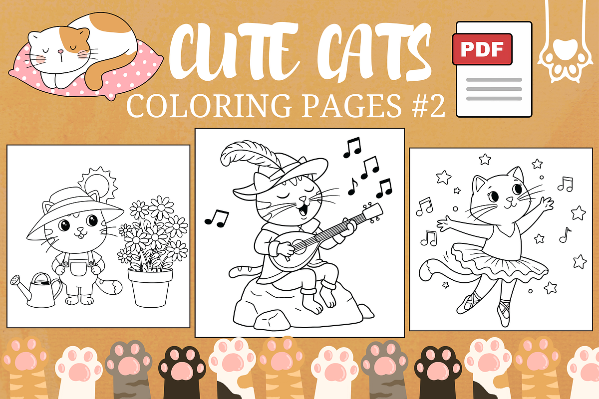 Cute Cats Coloring Pages #2, an Animal Illustration by Inkivelle Studio
