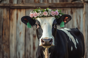 Cow wearing flower crown farm animal, an Animal Photo by Pixeness Studio