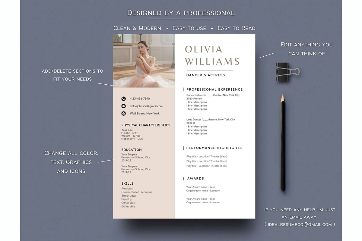 Ballet resume,cover letter template, a Resume Template by Climbwithelevator (Photo 2 of 11)