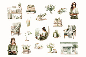 Green Reading Watercolor Clipart