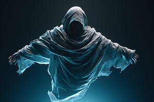 Mysterious figure in a cloak floating in an ethereal light against a dark backg, a Photo by AlyaAnd