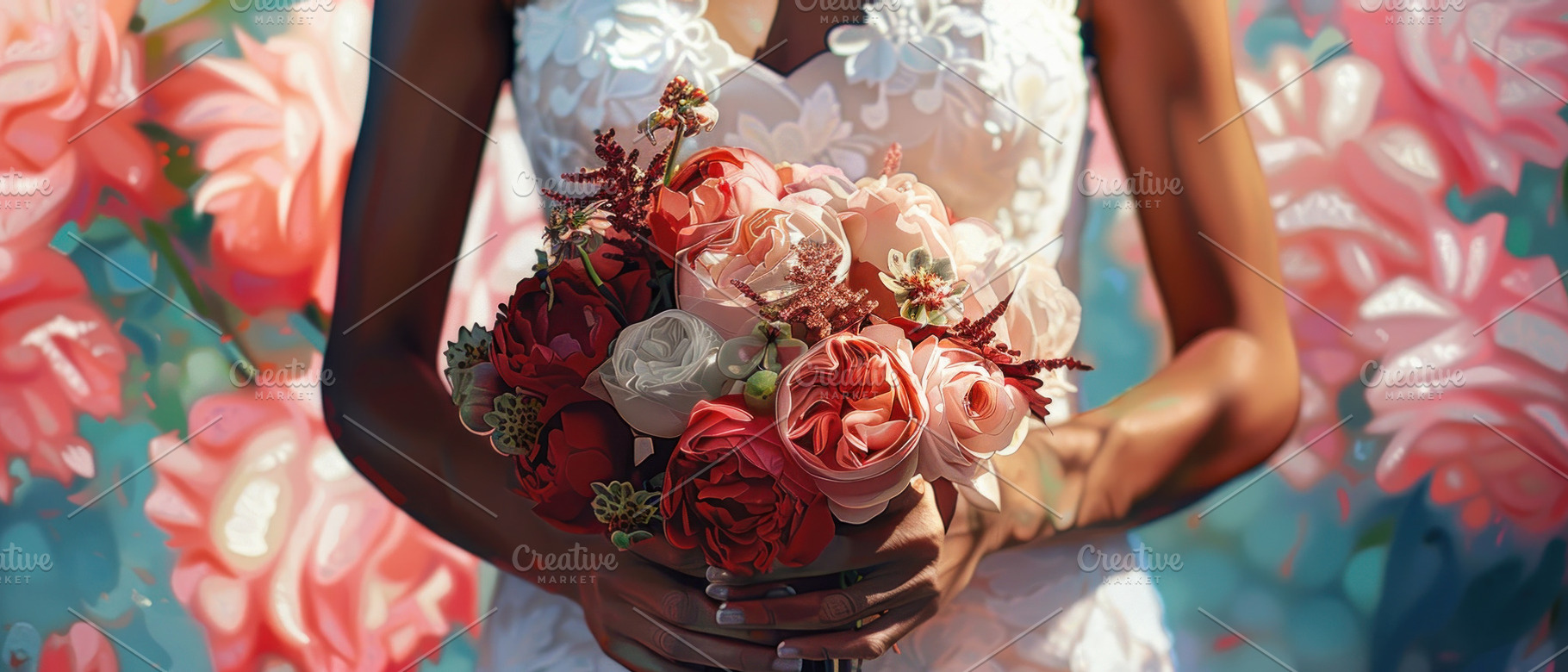 A bride holding a bouquet of roses a, a Photo by LOGOCREATIVE