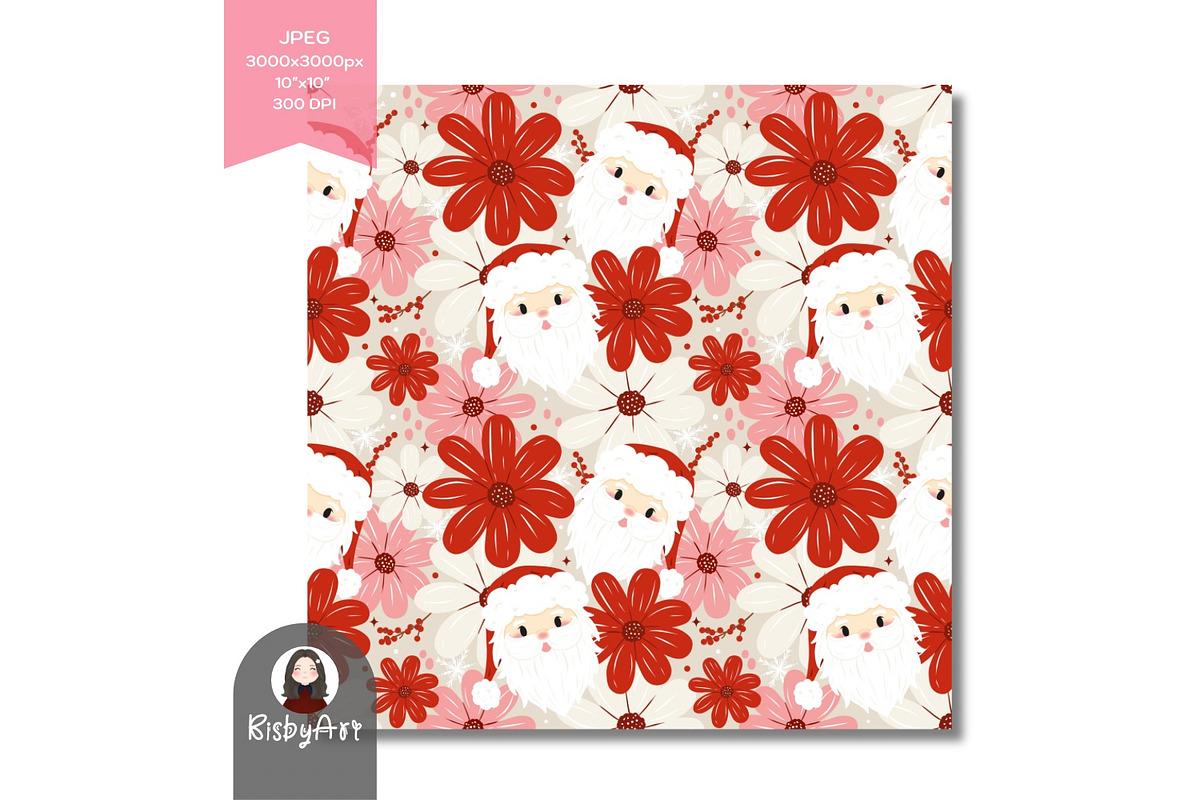 Floral Christmas Santa Seamless, a Pattern Graphic by KisbyArt (Photo 3 of 3)