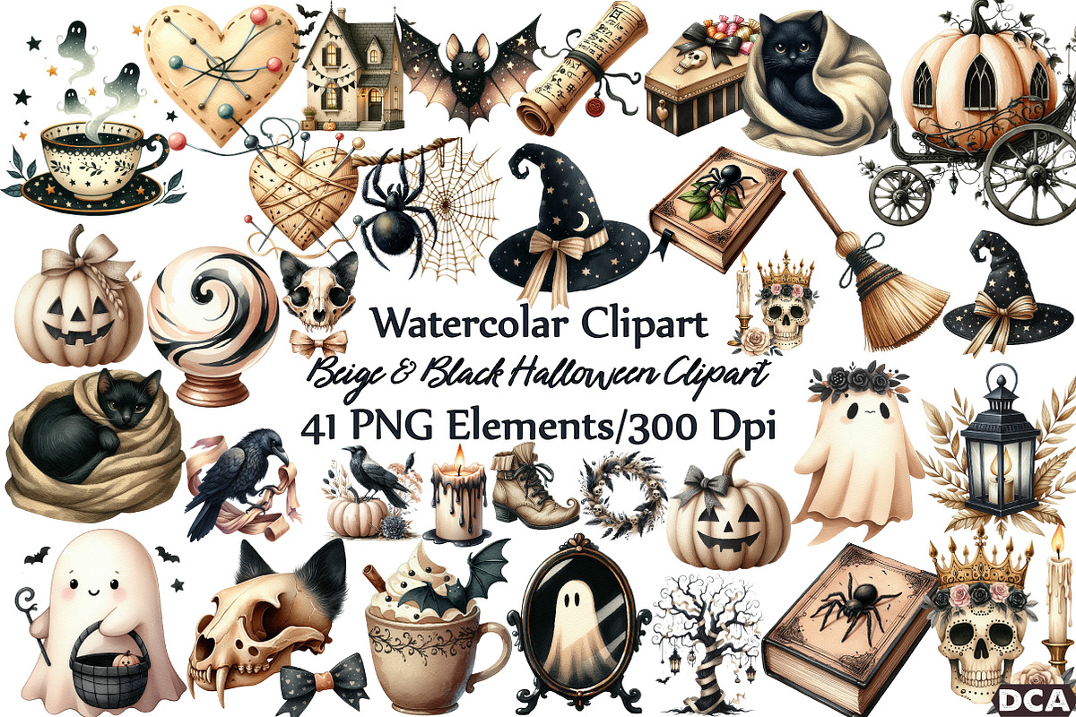 Beige & Black Halloween Clipart, an Illustration by DreamCafeArt (Photo 1 of 7)