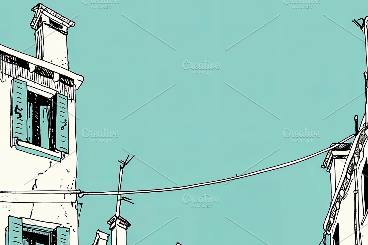 Hand-drawn urban street with a walking woman under a clear sky, an Illustration by AS photostudio
