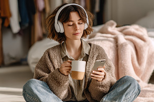 Woman relaxes at home listening to m, a Photo by Pixeness Studio