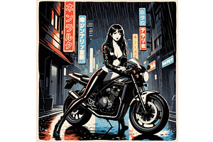 Cyberpunk Biker Woman in Rainy Neon, a Person Illustration by AlexArt