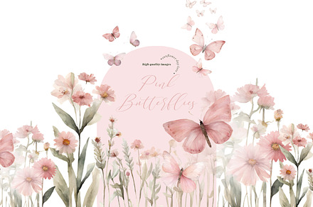 Pink Wildflowers Butterflies Clipart, an Illustration by Sunflower Day Love