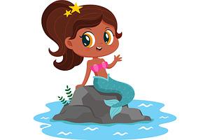 Little Afro American Mermaid Girl, an Illustration by HitToon