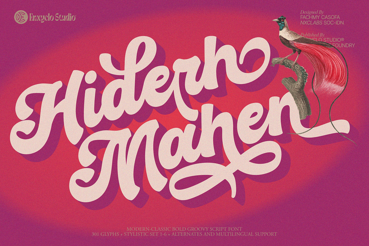 Hiderh Mahen — Bold Groovy Script, a Script Font by Enxyclo Studio (Photo 1 of 27)