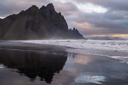 Sunrise Stokksnes cape sea beach and Vestrahorn Mountain with it, a Nature Photo by YuriyB