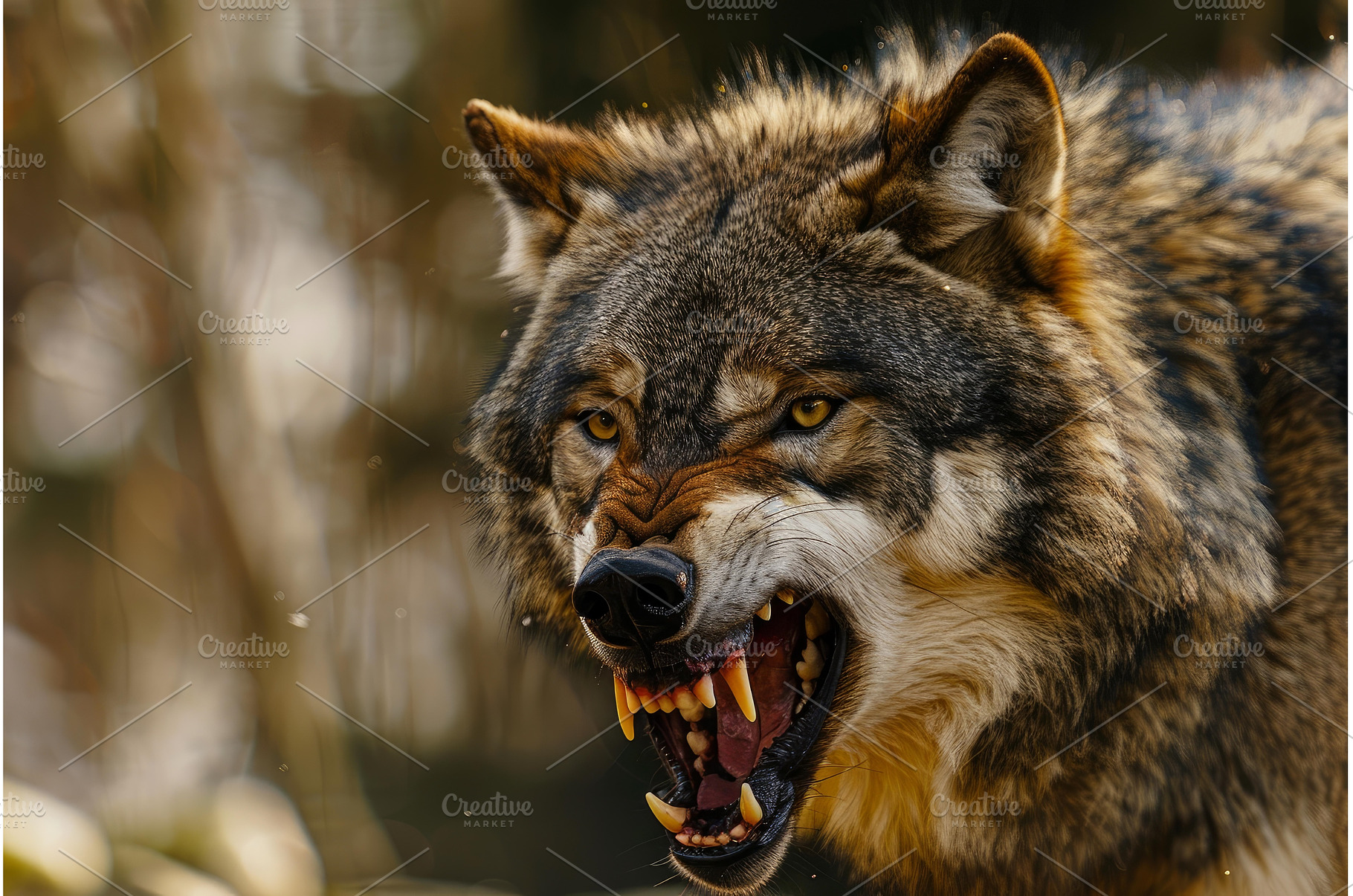 Eurasian wolf showing teeth and, an Animal Photo by Ylivdesign