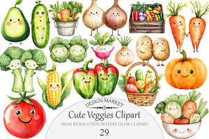 Watercolor Cute Veggies Clipart, an Illustration by Design Market