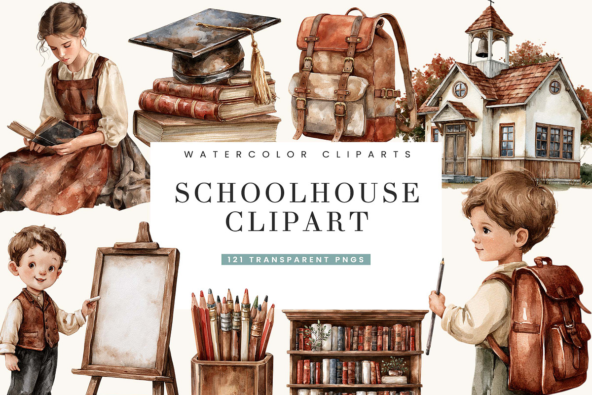 Vintage Schoolhouse Clipart Bundle, an Object Illustration by BusyDaydesign (Photo 1 of 9)