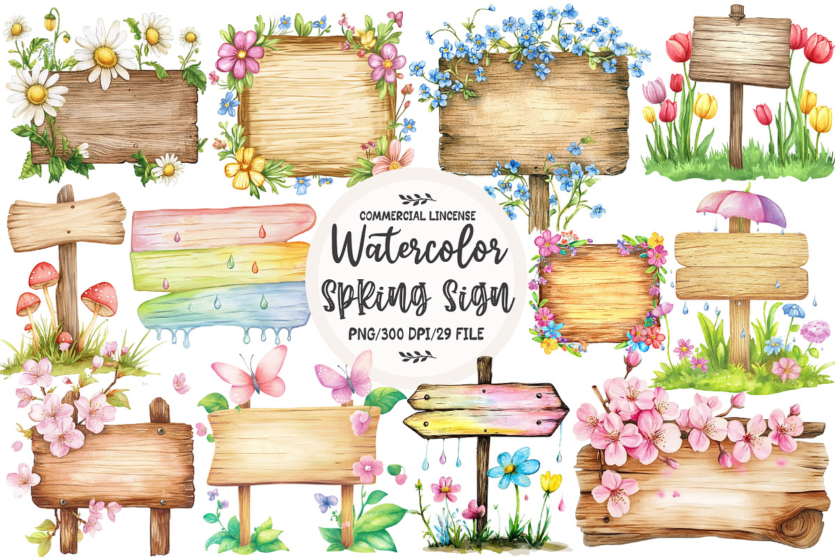 Spring Wooden Sign Board Clipart, an Illustration by OK Design (Photo 1 of 5)