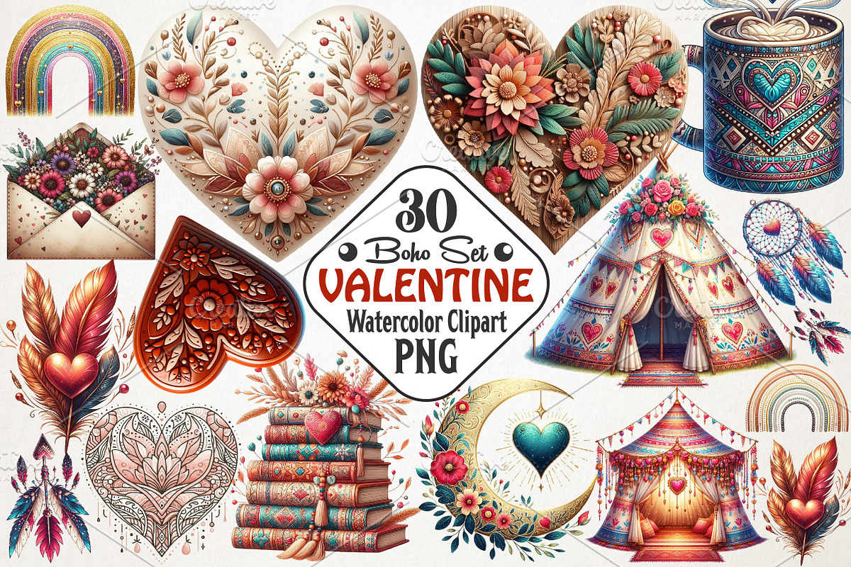 Boho Valentine Clipart Bundle, an Illustration by RobertsArt (Photo 1 of 7)