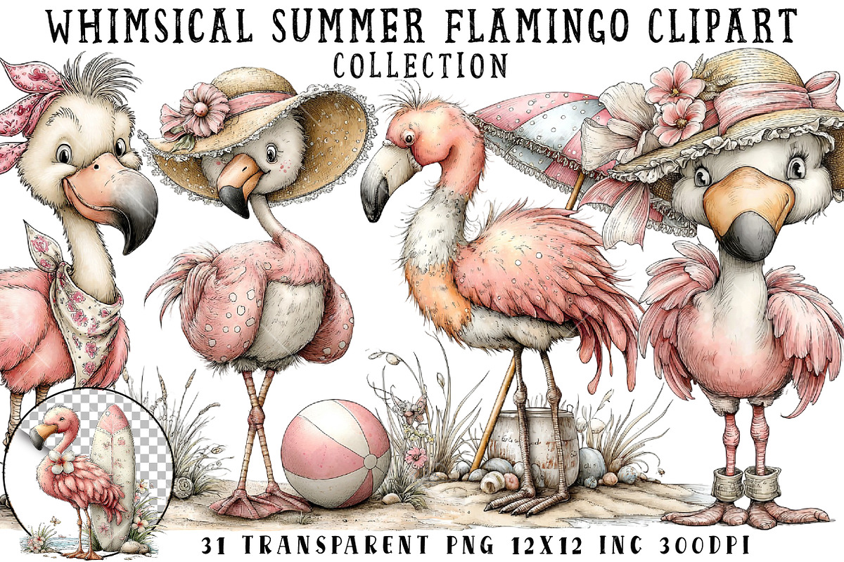 Whimsical Summer Flamingo Clipart, an Illustration by OK Design (Photo 1 of 6)