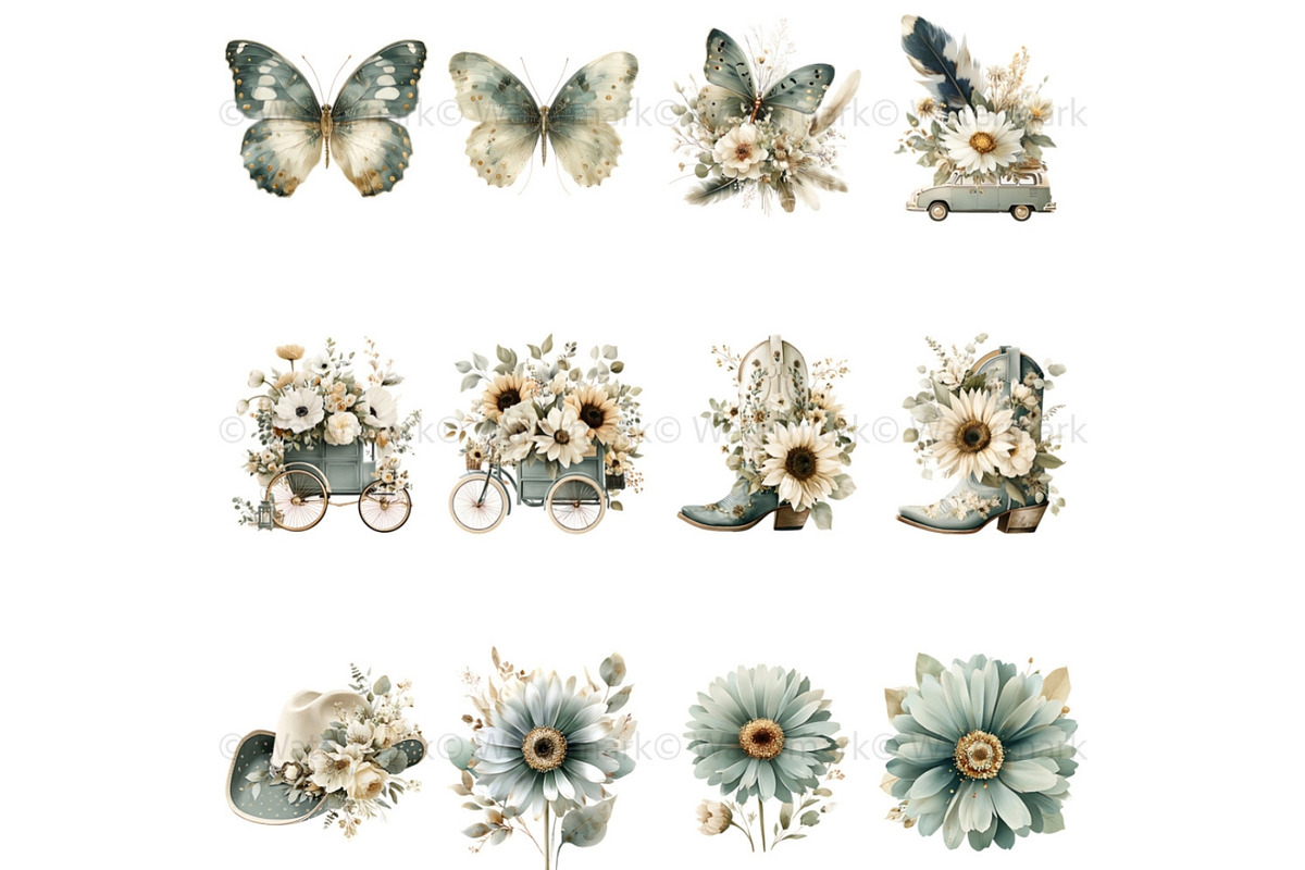 Green Boho Flower Clipart Bundle, a Decorative Illustration by Nicole Branger Art (Photo 9 of 20)