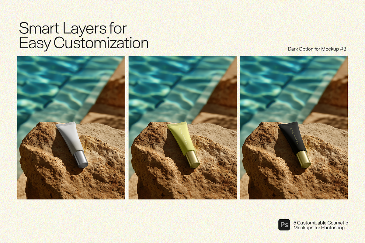5 Poolside Cosmetic Bottle Mockups, a Packaging Mockup by Frills Images (Photo 5 of 7)