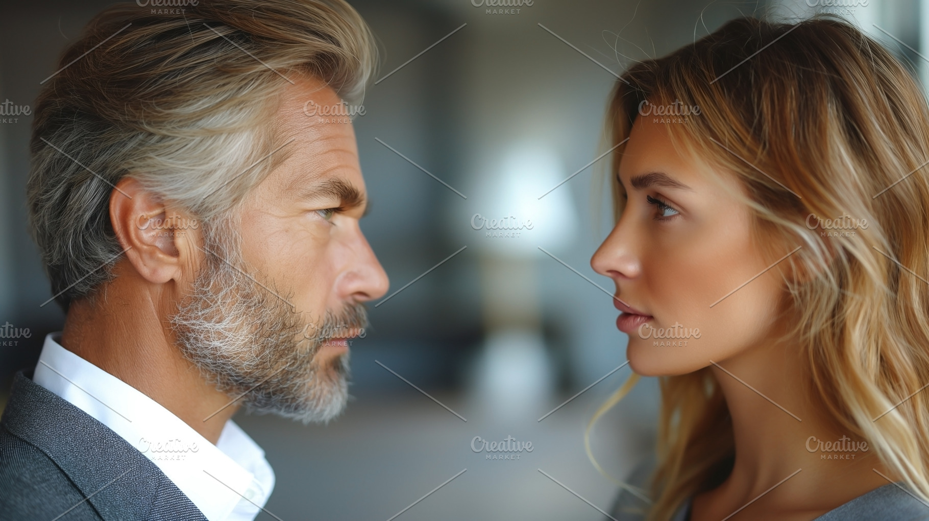 A candid moment between a mature man and a young woman, showcasing intense conn, a Person Photo by ImageMir