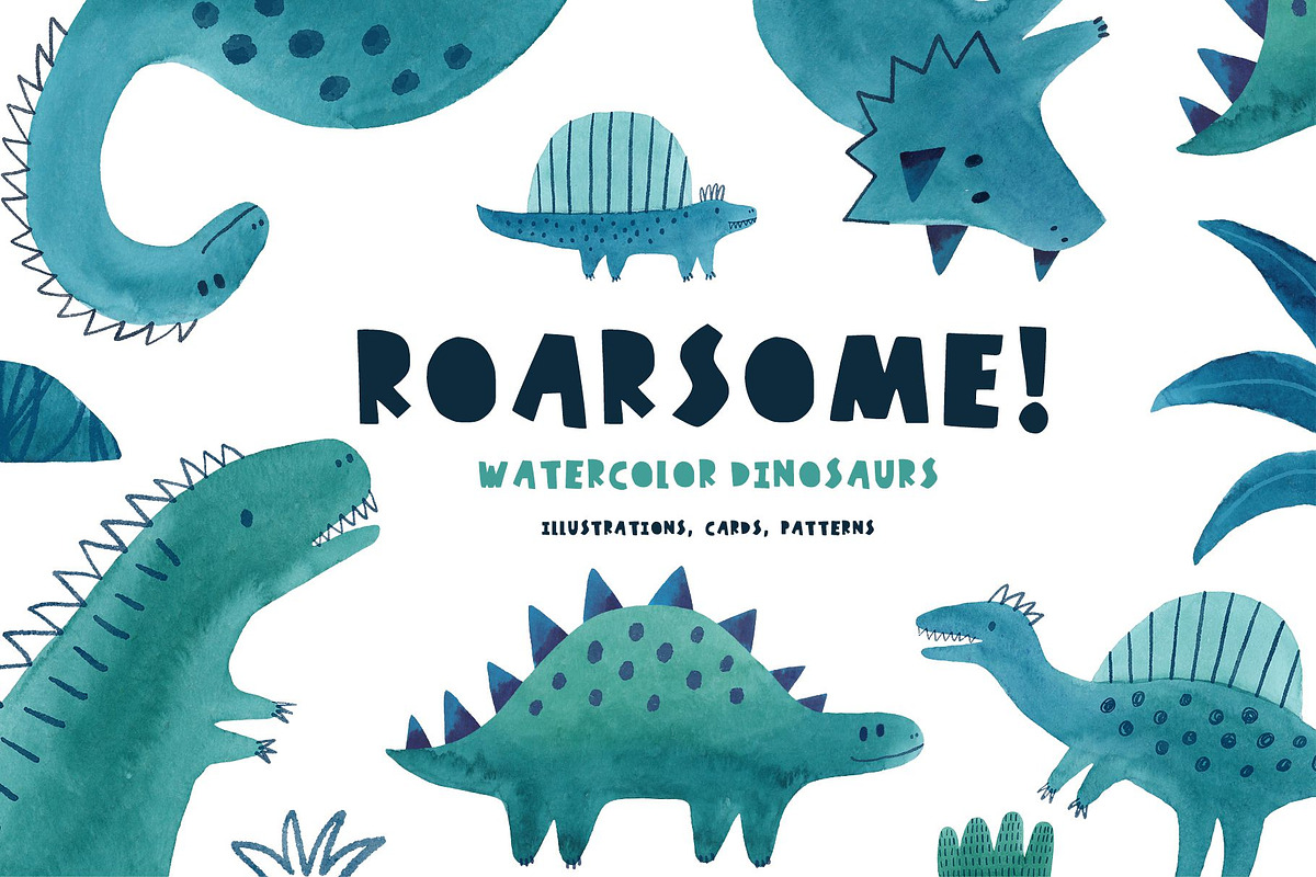 ROARSOME watercolor dinosaurs, a Decorative Illustration by Cute And Wild (Photo 1 of 5)