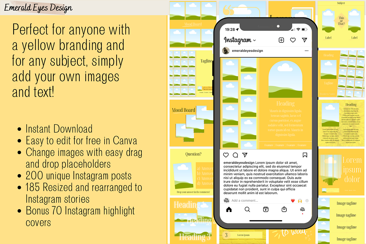 455 Canva Yellow Instagram Template, a Social Media Template by Emerald Eyes Design (Photo 2 of 12)