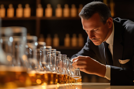 A sommelier man in a suit carefully examines a glass of whiskey in a distillery, a Person Photo by Textures & Backgrounds