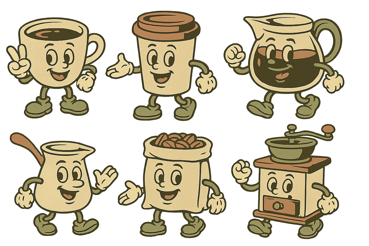 Vintage coffee-themed mascot charact, an Illustration by Dvoevnore photos
