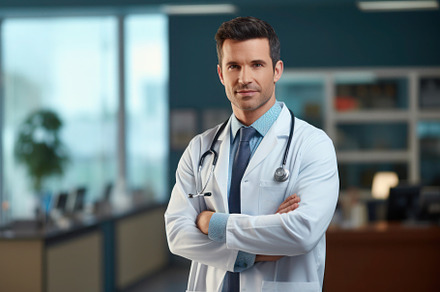 Male doctor, medical worker wearing uniform in a hospital
