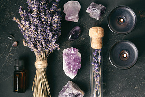 Lavender, Amethyst, and Candles for a Calming Meditation Setup