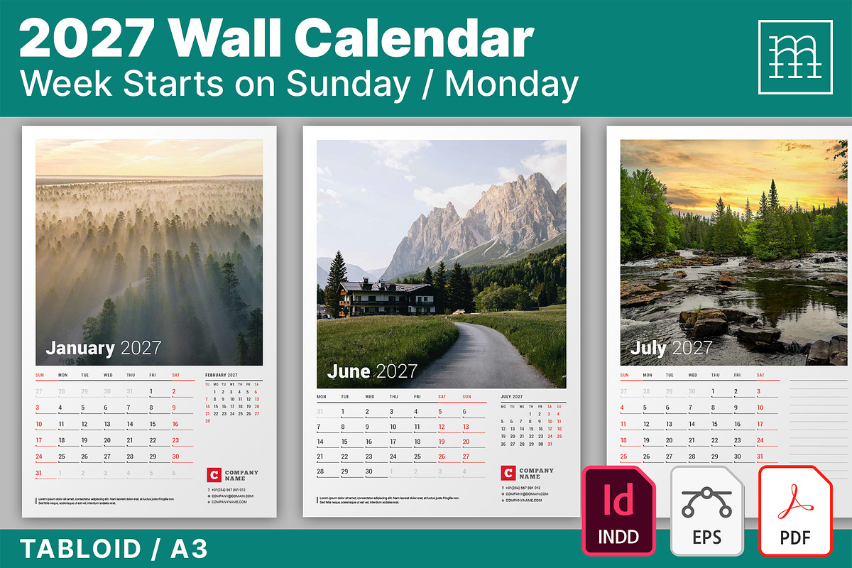 Wall Calendar 2027 (WC039-27), a Stationery Template by mikhailmorosin (Photo 1 of 7)