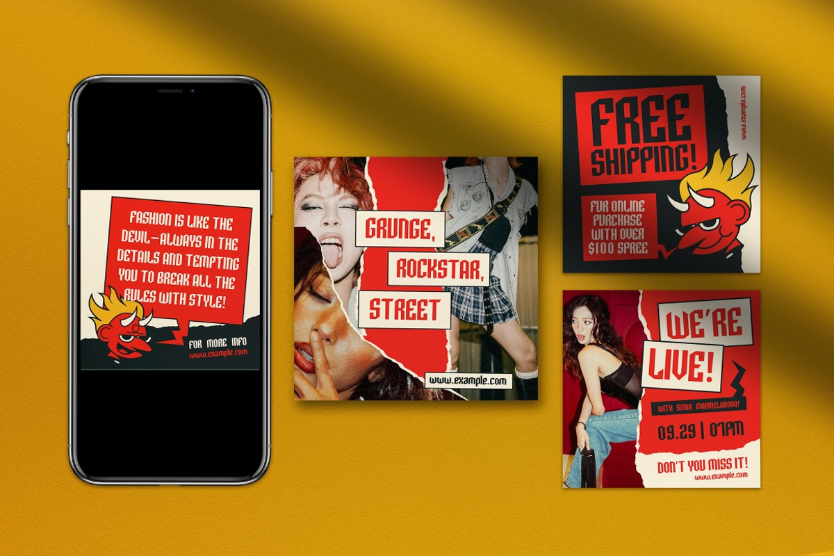Red Grunge Fashion Instagram Pack, a Social Media Template by graphicook (Photo 3 of 5)