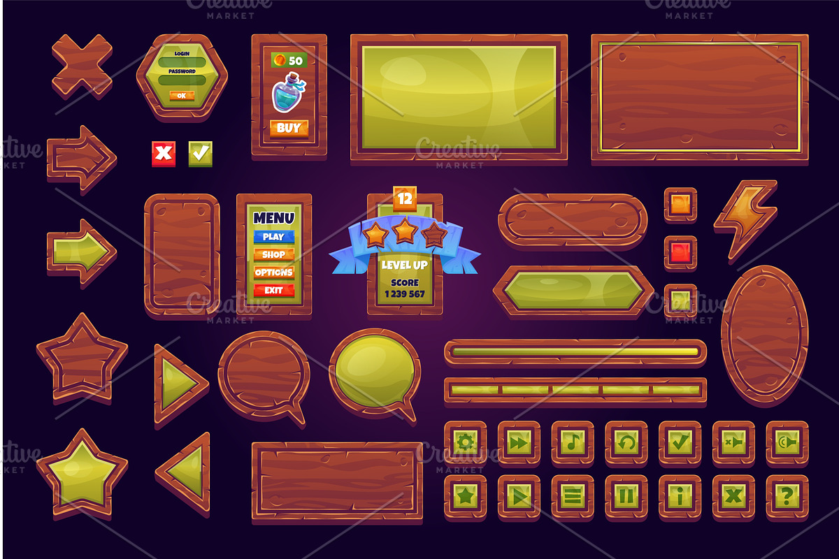 Wood game interface. Gui buttons, an Object Illustration by Stock-Smart-Start